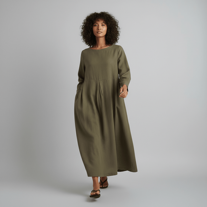 Oversized Boat Neck Pleated Waist Linen Casual Maxi Dress