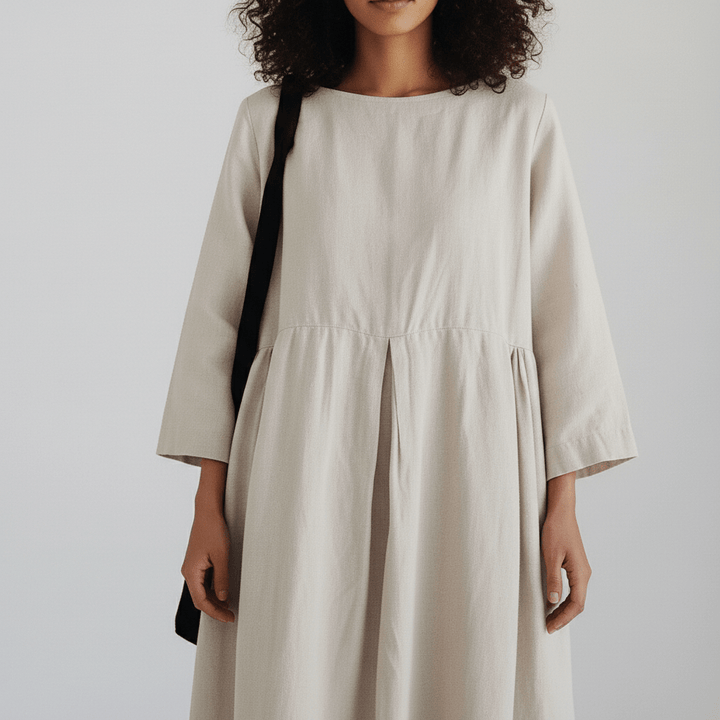 Oversized Boat Neck Pleated Waist Linen Casual Maxi Dress