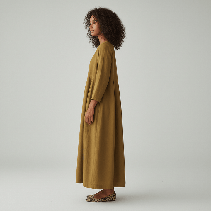 Oversized Boat Neck Pleated Waist Linen Casual Maxi Dress