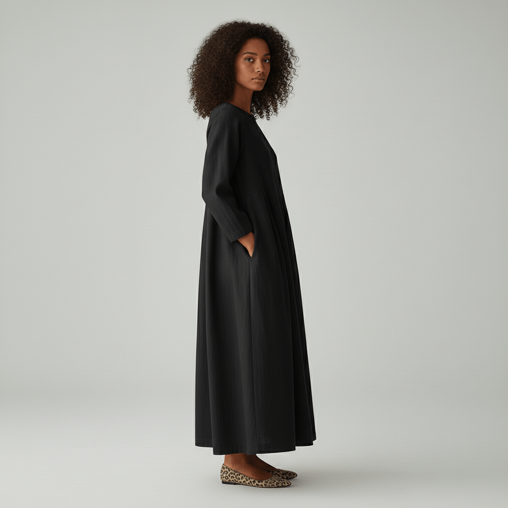 Oversized Boat Neck Pleated Waist Linen Casual Maxi Dress