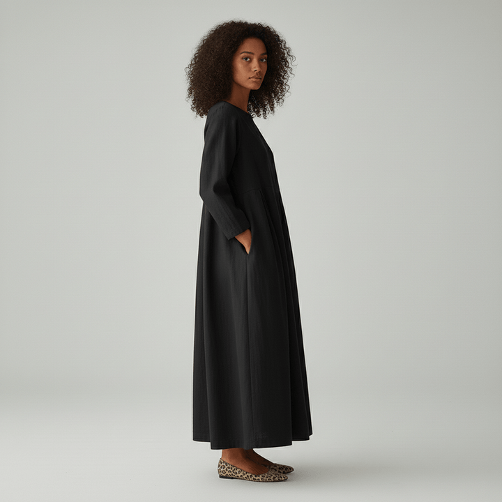 Oversized Boat Neck Pleated Waist Linen Casual Maxi Dress