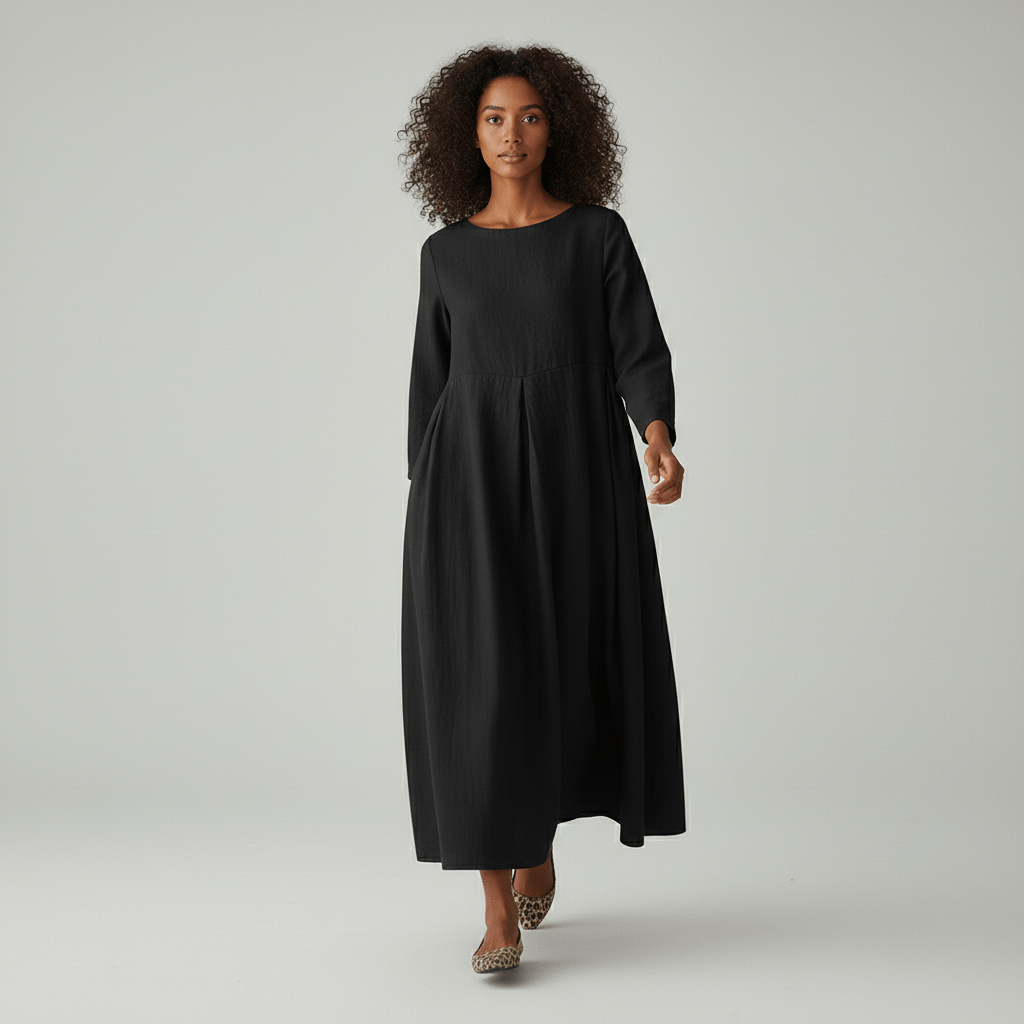 Oversized Boat Neck Pleated Waist Linen Casual Maxi Dress