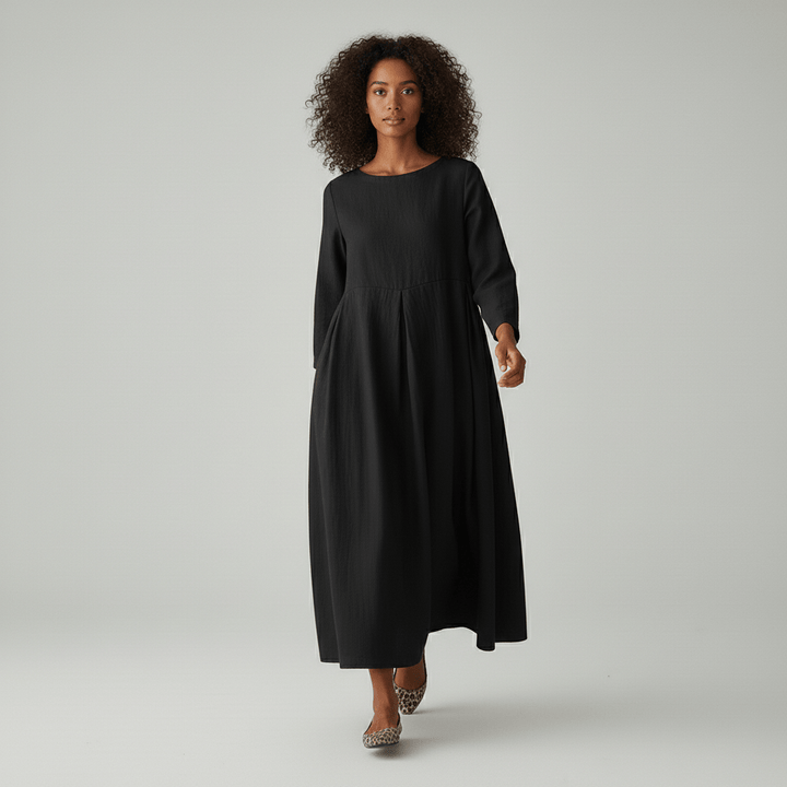 Oversized Boat Neck Pleated Waist Linen Casual Maxi Dress