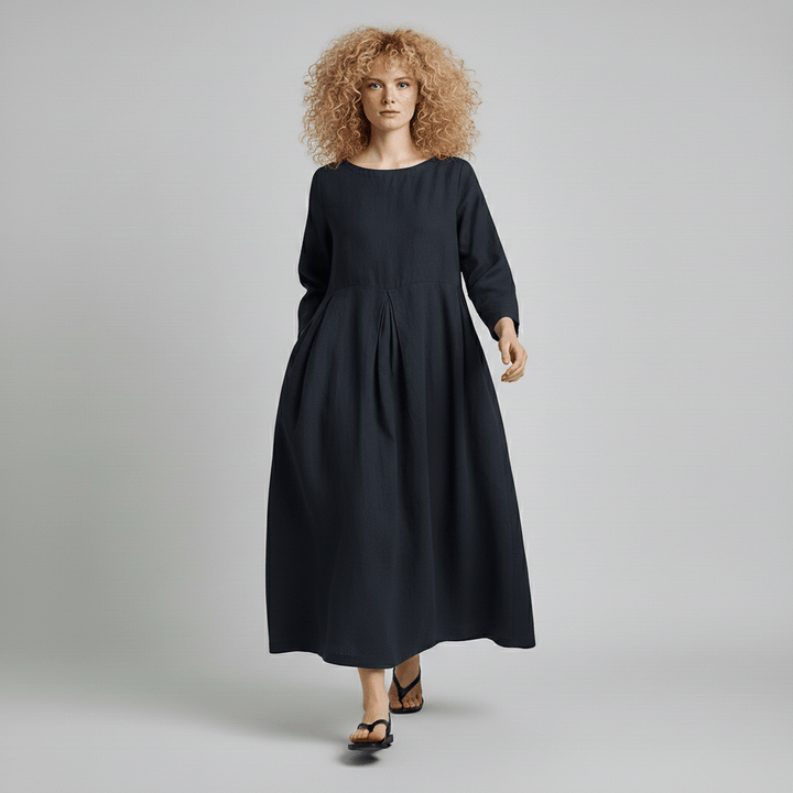 Oversized Boat Neck Pleated Waist Linen Casual Maxi Dress