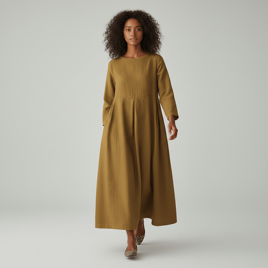 Oversized Boat Neck Pleated Waist Linen Casual Maxi Dress