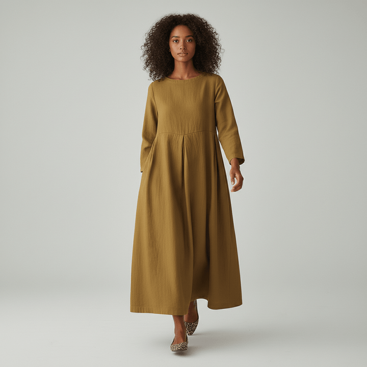 Oversized Boat Neck Pleated Waist Linen Casual Maxi Dress