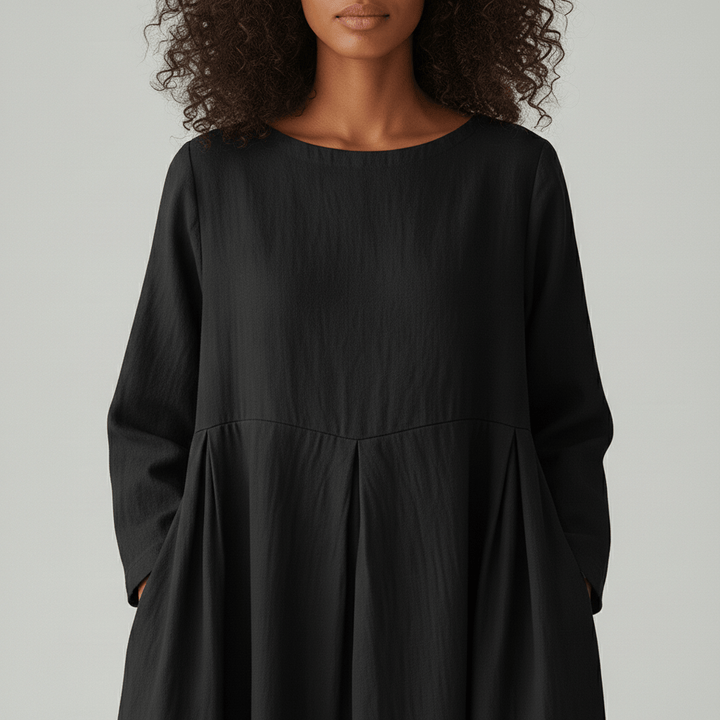 Oversized Boat Neck Pleated Waist Linen Casual Maxi Dress
