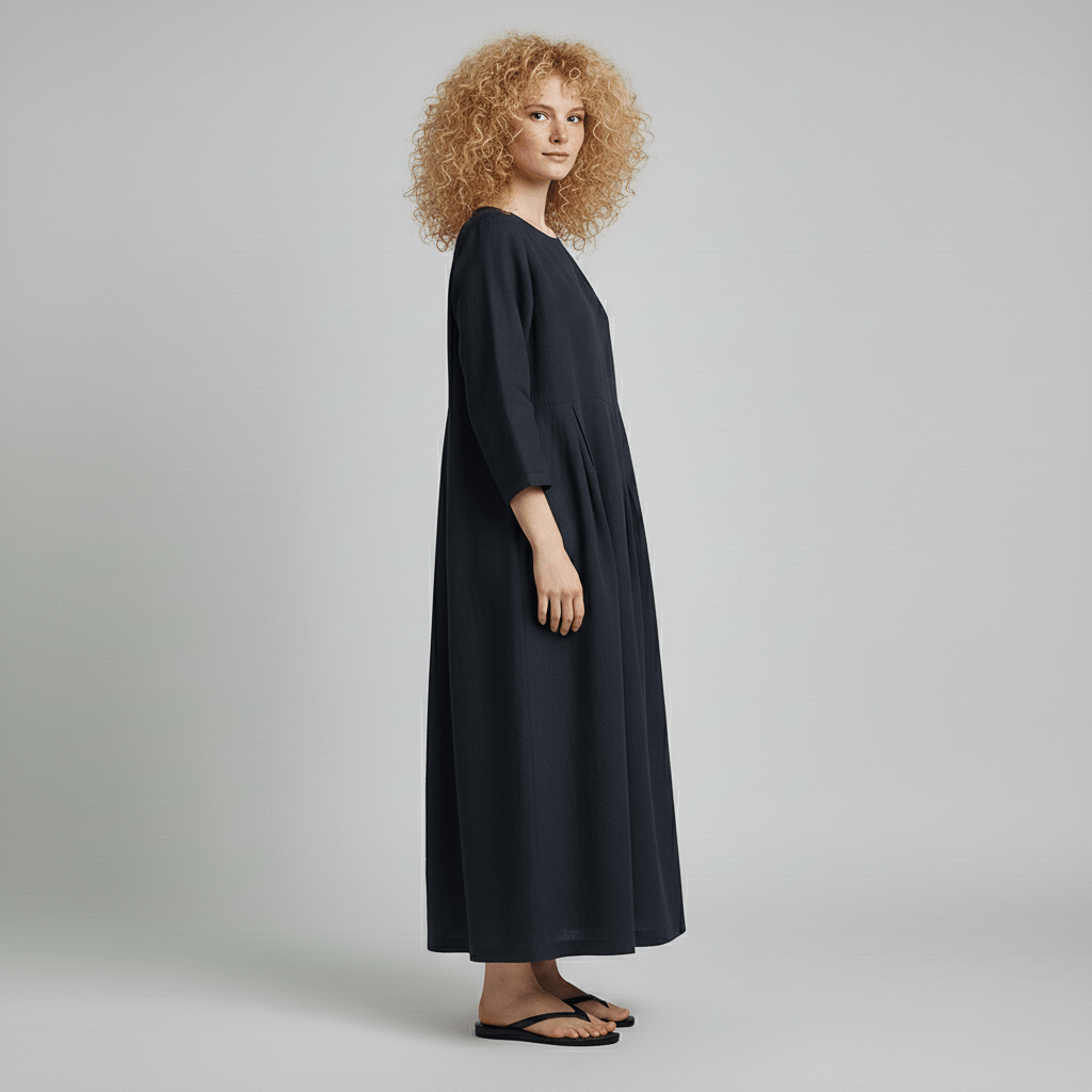 Oversized Boat Neck Pleated Waist Linen Casual Maxi Dress