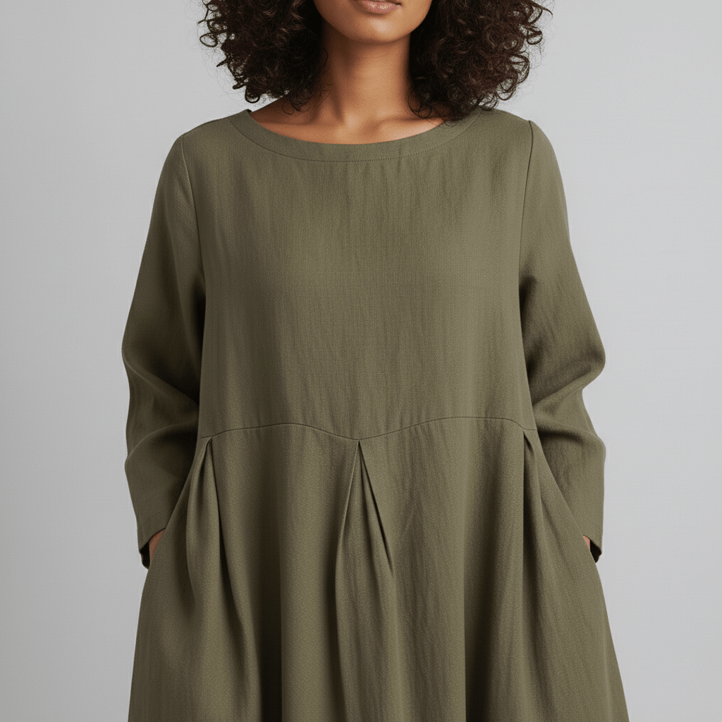 Oversized Boat Neck Pleated Waist Linen Casual Maxi Dress