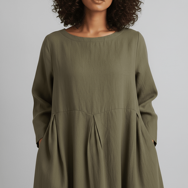 Oversized Boat Neck Pleated Waist Linen Casual Maxi Dress