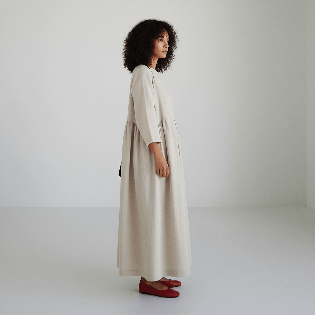 Oversized Boat Neck Pleated Waist Linen Casual Maxi Dress