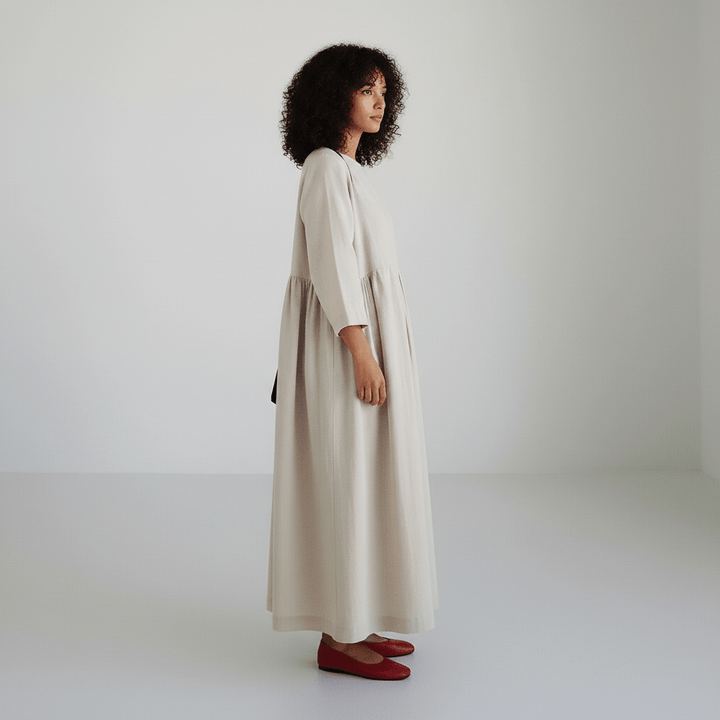 Oversized Boat Neck Pleated Waist Linen Casual Maxi Dress