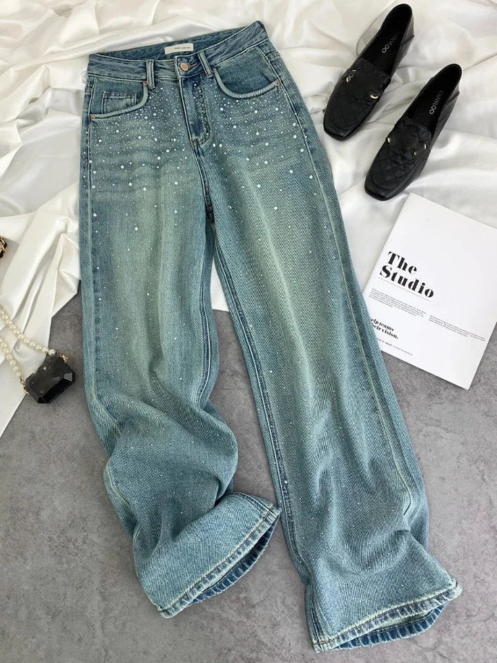 Sofia™ | Jeans Donna Eleganti con Strass e Gamba Larga