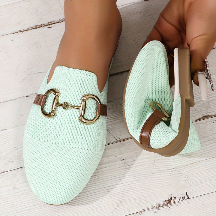 Knit Horsebit Hardware Backless Slip On Flat Mule Loafers