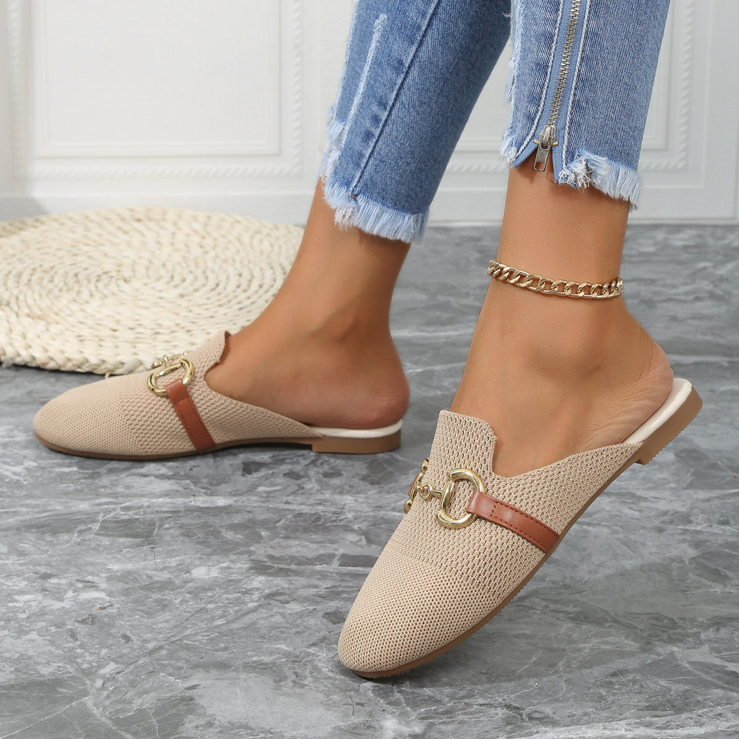 Knit Horsebit Hardware Backless Slip On Flat Mule Loafers