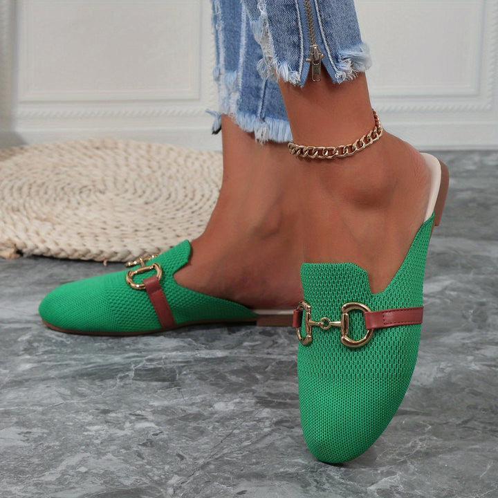 Knit Horsebit Hardware Backless Slip On Flat Mule Loafers