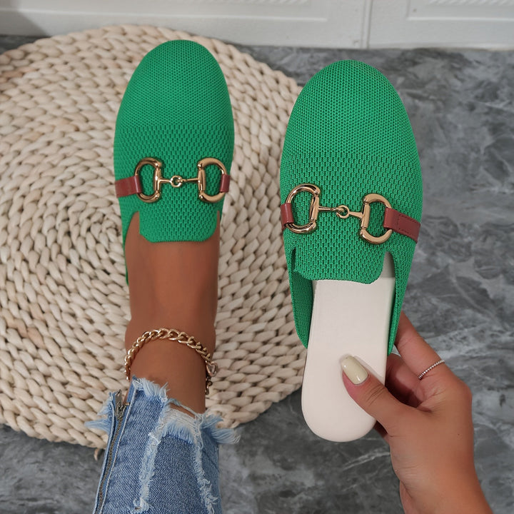 Knit Horsebit Hardware Backless Slip On Flat Mule Loafers