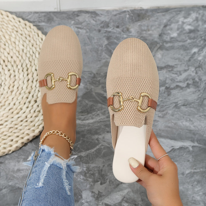 Knit Horsebit Hardware Backless Slip On Flat Mule Loafers