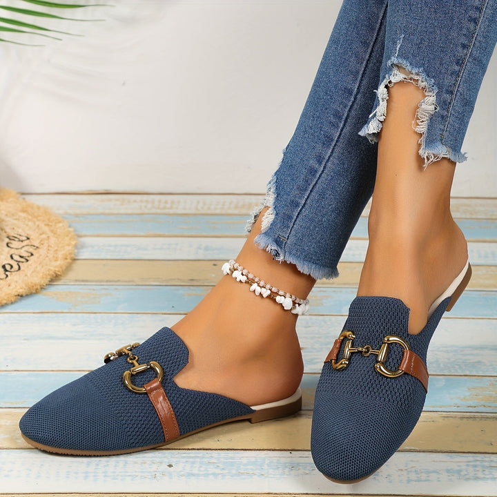 Knit Horsebit Hardware Backless Slip On Flat Mule Loafers