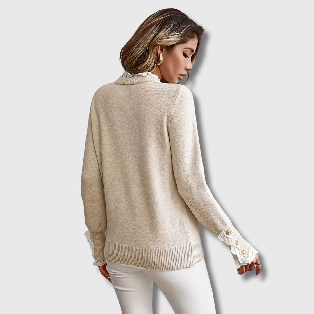 Evee | Women's Lace Trim Crew Neck Sweater with Button Cuffs