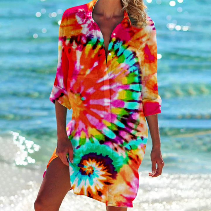 Tie Dye Print Button Down Beach Shirt Dress