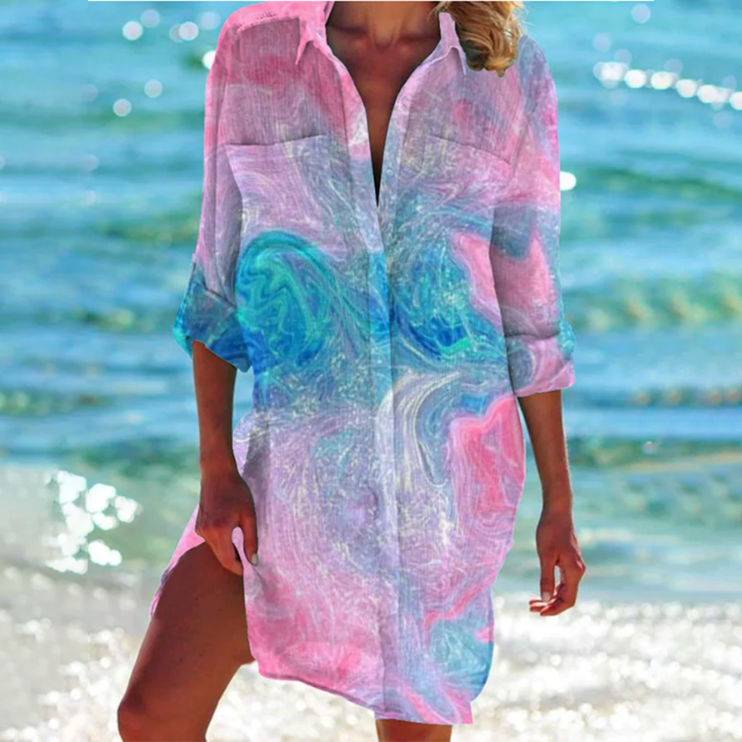 Tie Dye Print Button Down Beach Shirt Dress