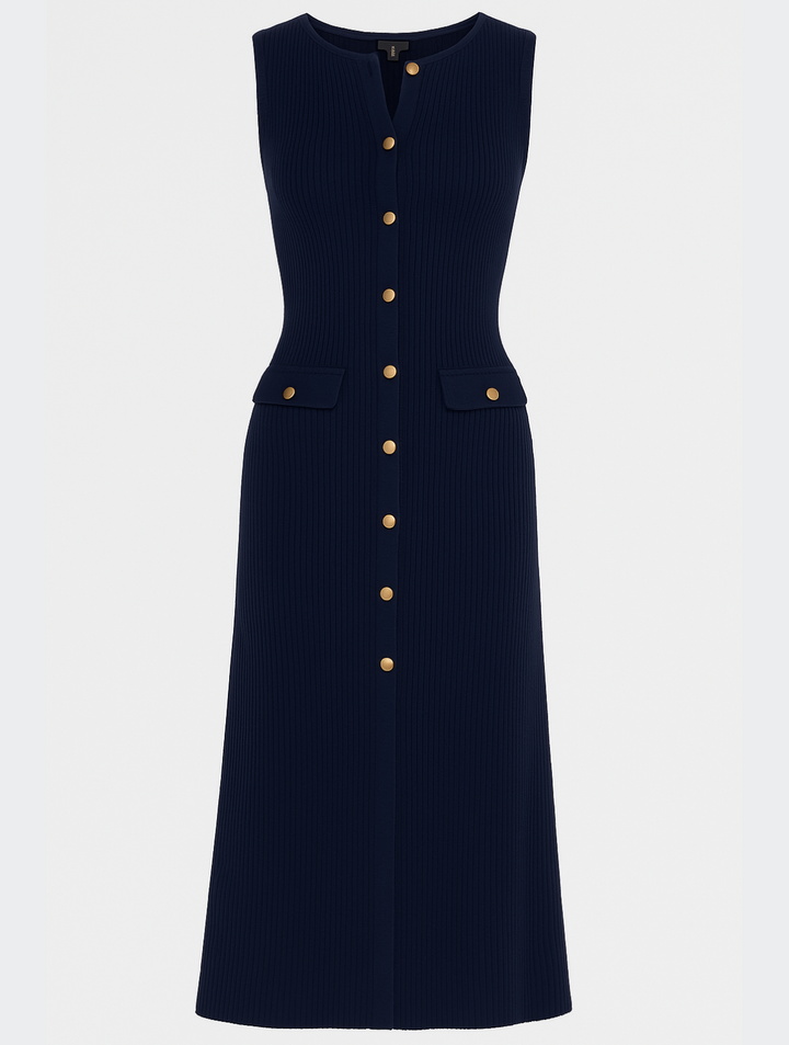 Ribbed Knit Gold Button Sleeveless A Line Midi Dress