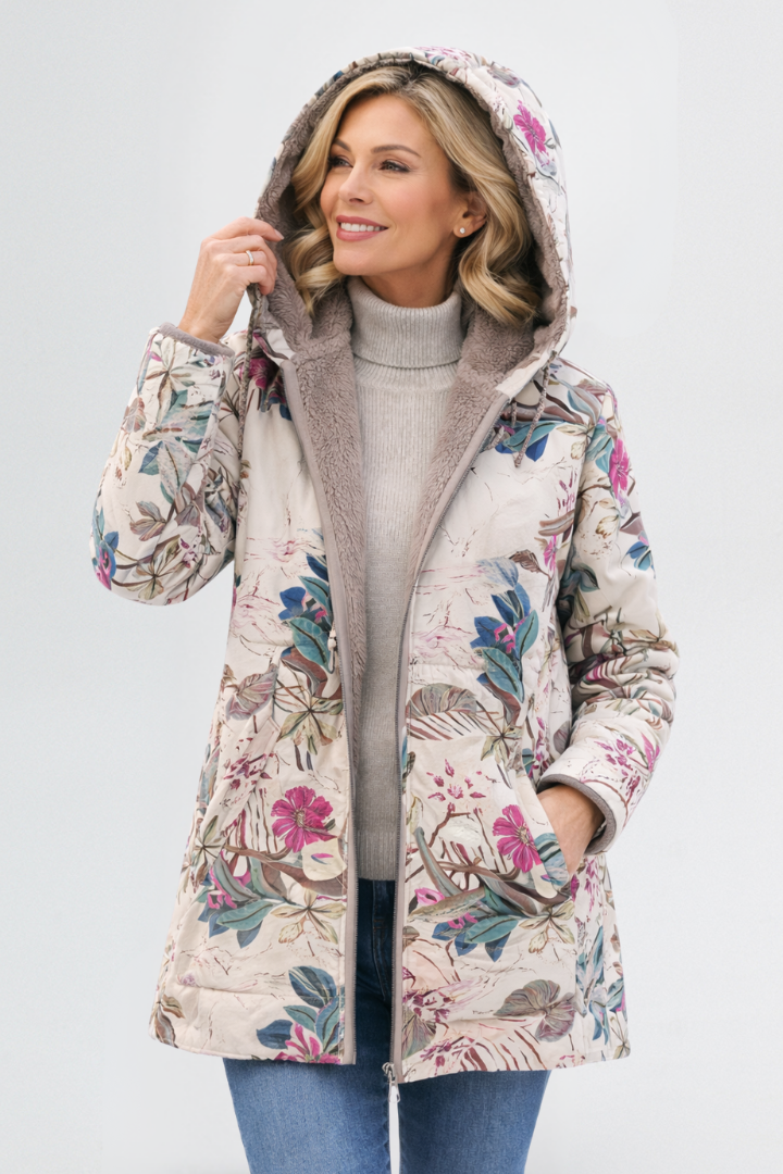 Marguerite | Women's Quilted Floral Print Hooded Jacket with Sherpa Lining