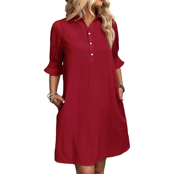 Collar Half Button Puff Sleeve Ruffle Cuff Casual Shirt Dress