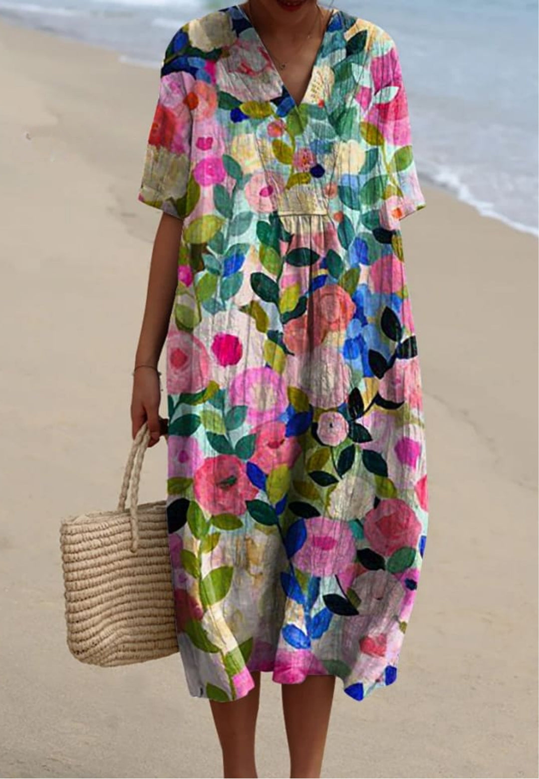 Floral Linen V Neck Short Sleeve Oversized Casual Midi Dress