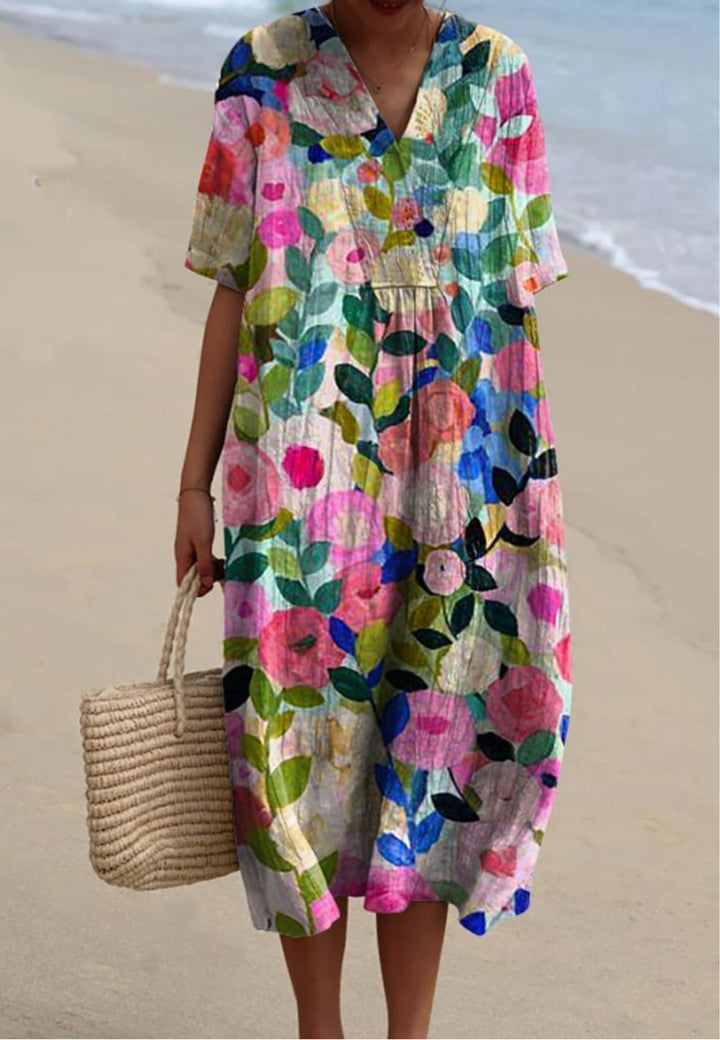 Floral Linen V Neck Short Sleeve Oversized Casual Midi Dress