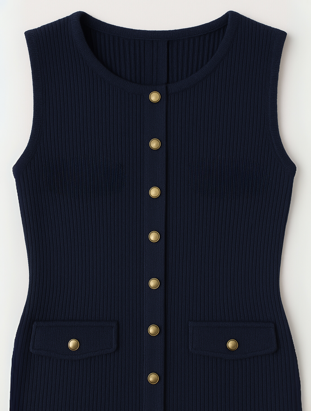 Ribbed Knit Gold Button Sleeveless A Line Midi Dress