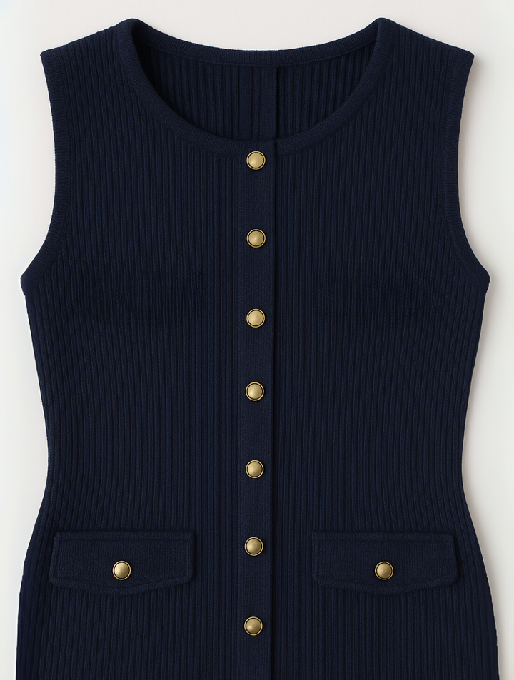Ribbed Knit Gold Button Sleeveless A Line Midi Dress