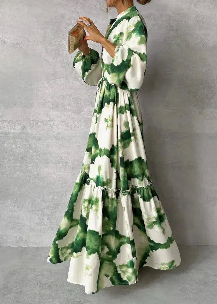 Abstract Print Tie Waist Long Sleeve Tiered Maxi Dress