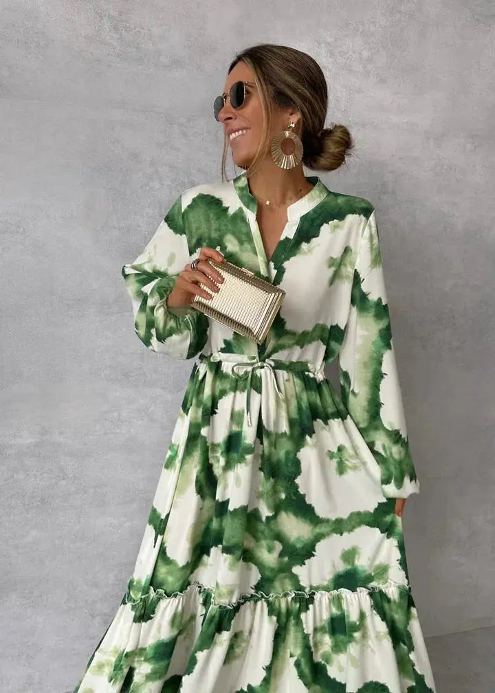 Abstract Print Tie Waist Long Sleeve Tiered Maxi Dress
