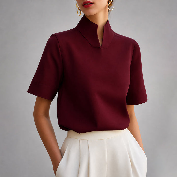 Mock Neck V-Cut Structured Blouse