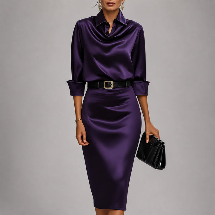 Cowl Neck Belted Shirt Midi Dress
