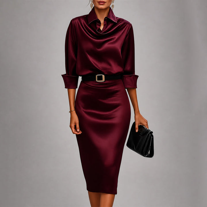 Cowl Neck Belted Shirt Midi Dress