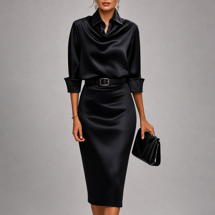 Cowl Neck Belted Shirt Midi Dress