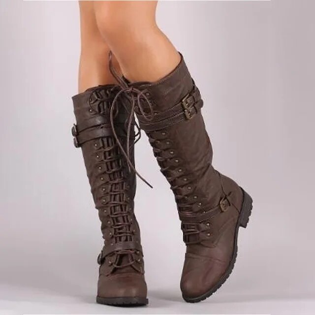 Lulu | Women's Knee-High Combat Boots with Lace-Up Buckle Straps