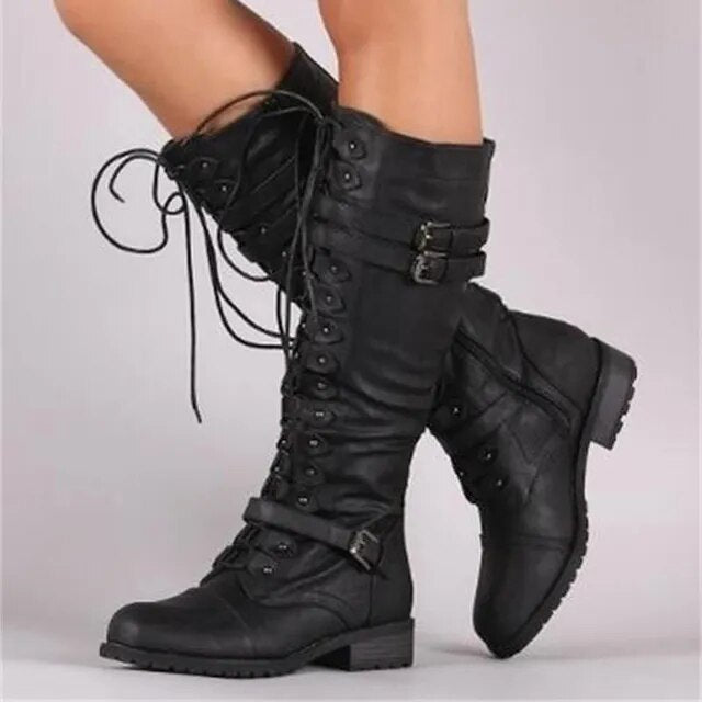 Lulu | Women's Knee-High Combat Boots with Lace-Up Buckle Straps