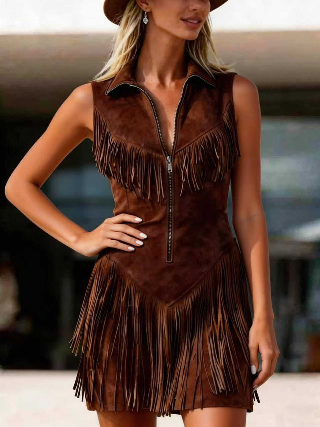 Western Fringe Yoke Stud Detail Deep V-Neck Suede Romper