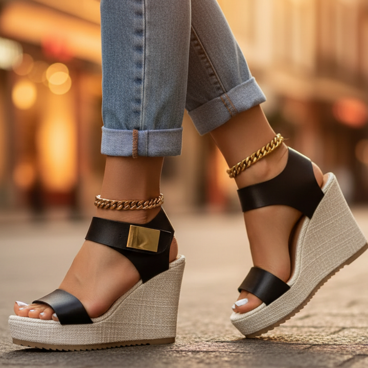 Gold Buckle Ankle Strap Espadrille Platform Wedge Sandal