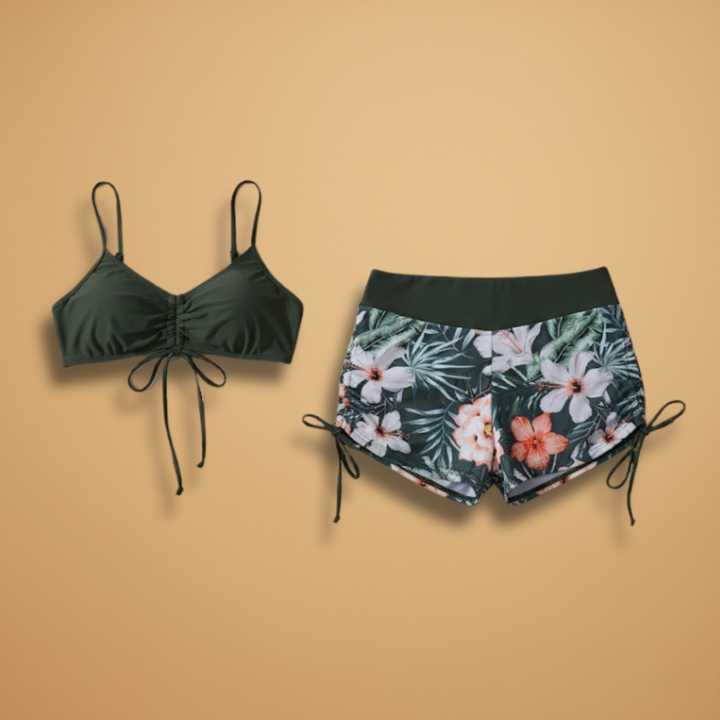 Floral Ruched Tie Front V Neck High Waisted Bikini