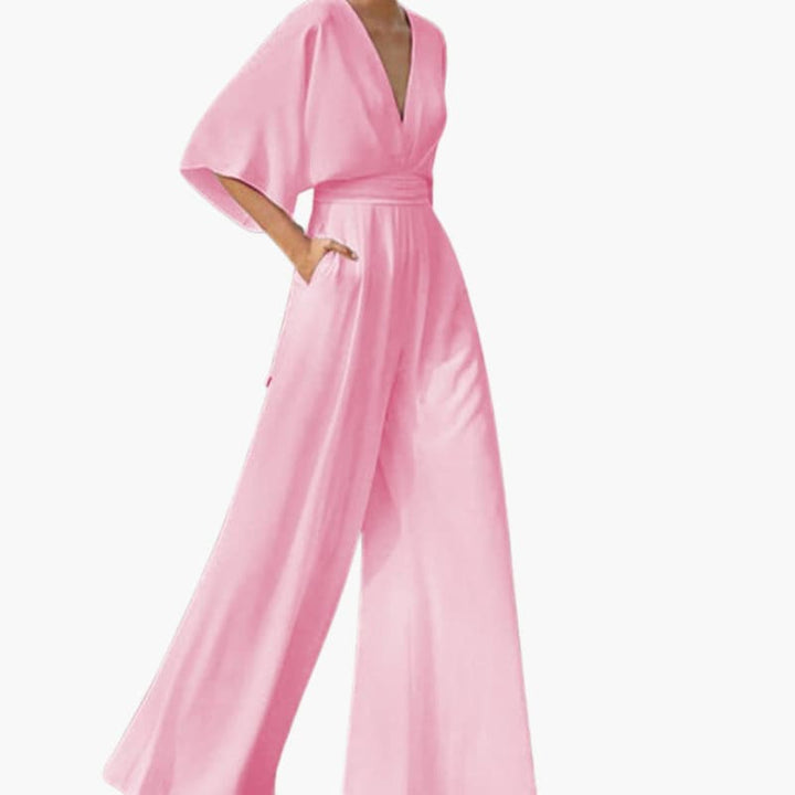 Cape Sleeve V-Neck Elegant Wide Leg Jumpsuit