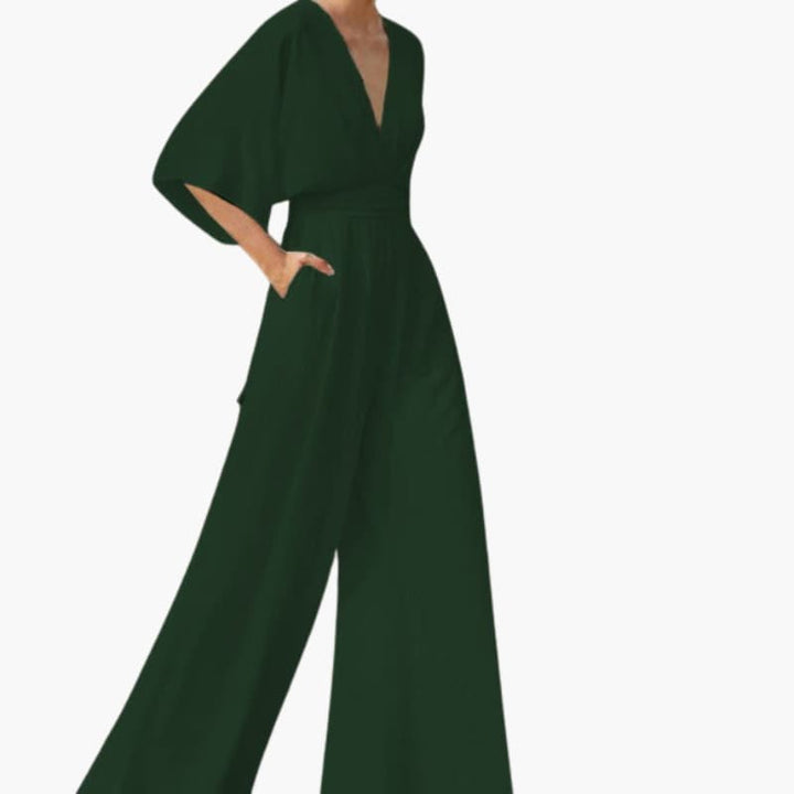 Cape Sleeve V-Neck Elegant Wide Leg Jumpsuit