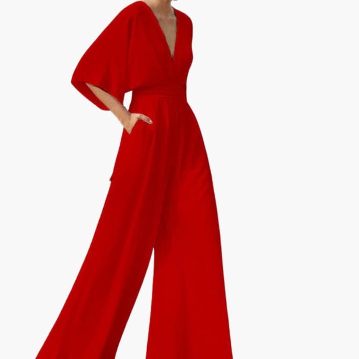 Cape Sleeve V-Neck Elegant Wide Leg Jumpsuit