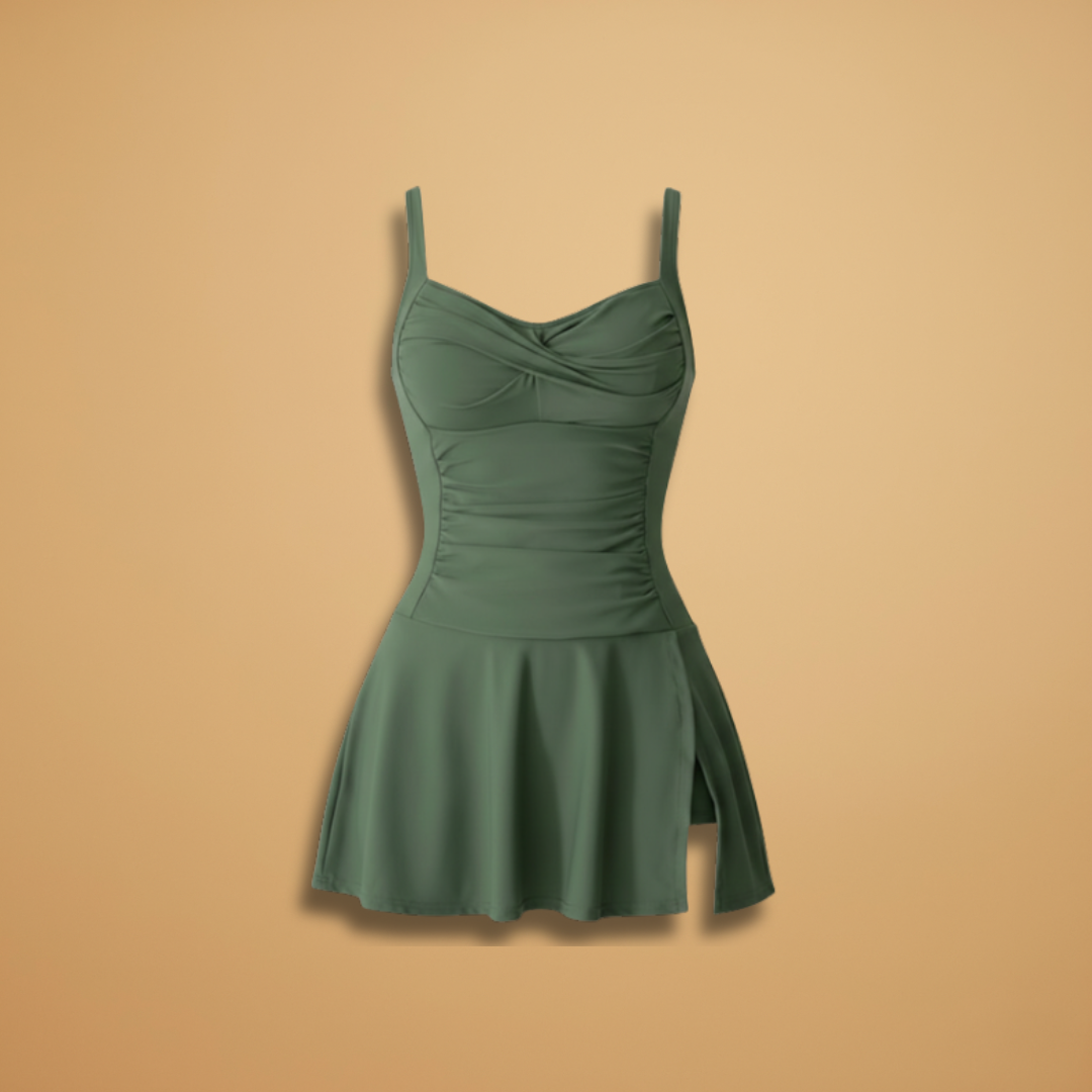 Sweetheart Ruched Bodice Flared Skirt Swim Dress