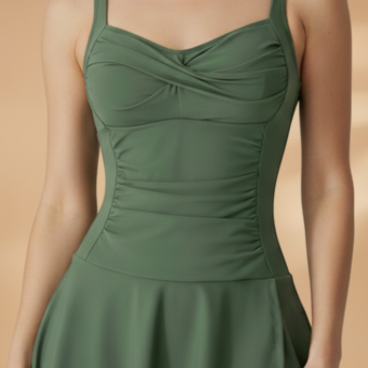 Sweetheart Ruched Bodice Flared Skirt Swim Dress