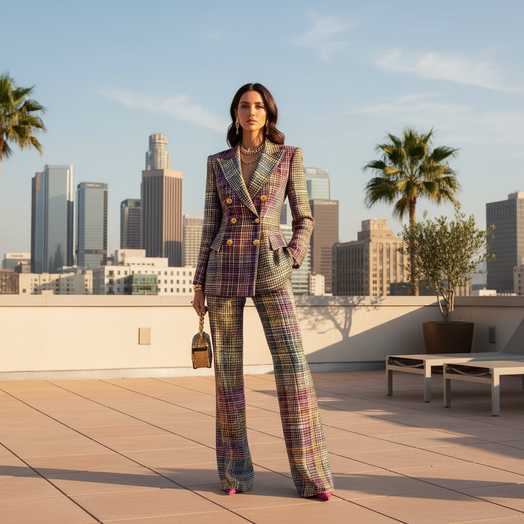 Multicolour Plaid Double Breasted Blazer Wide Leg Two Piece Set